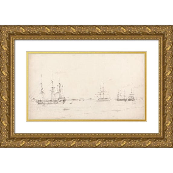 John Constable 14x10 Gold Ornate Wood Frame and Double Matted Museum Art Print Titled - Four East Indiamen at Archor (1803)