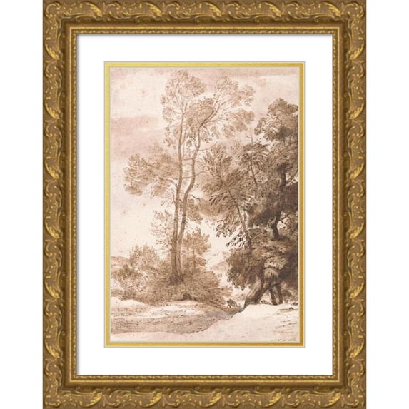 John Constable 18x24 Gold Ornate Framed and Double Matted Museum Art Print Titled - Trees and Deer (1825)