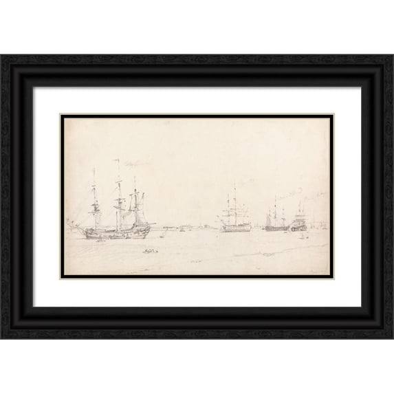 John Constable 24x16 Black Ornate Framed Double Matted Museum Art Print Titled: Four East Indiamen at Archor (1803)