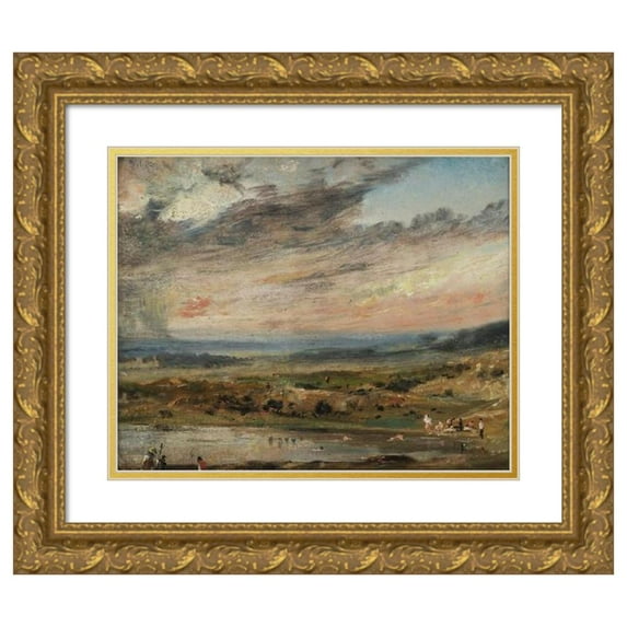 John Constable 24x20 Gold Ornate Framed and Double Matted Museum Art Print Titled - Hampstead Heath, with Pond and Bathers (1821)