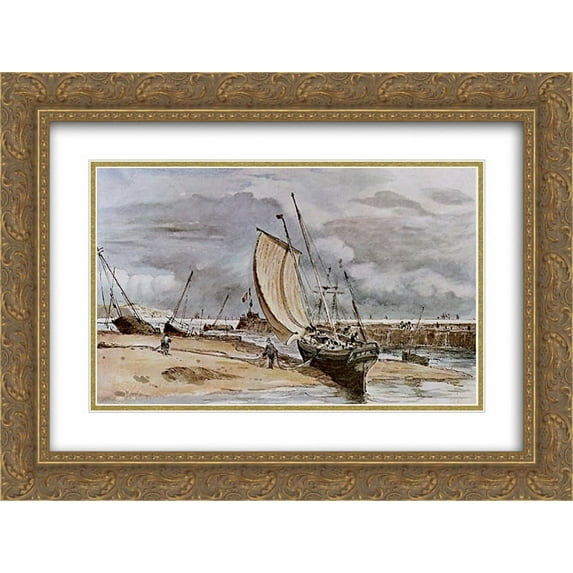John Constable 2x Matted 24x18 Gold Ornate Framed Art Print 'Fokstone harbour '
