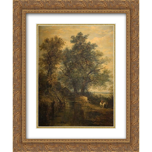 John Crome 2x Matted 20x24 Gold Ornate Framed Art Print 'A Stream, Bridge, Trees and Two Figures in a Landscape'