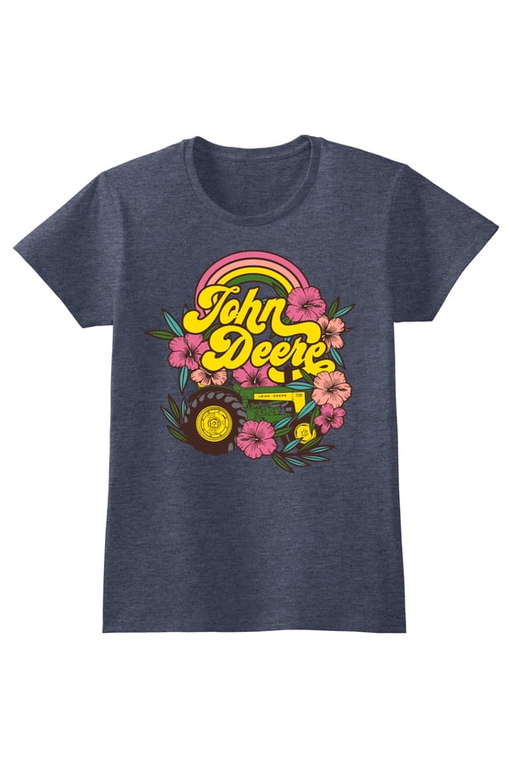 Adult Womens Tropical Tractor Flower Short Sleeve Tee - Navy Heather - Small