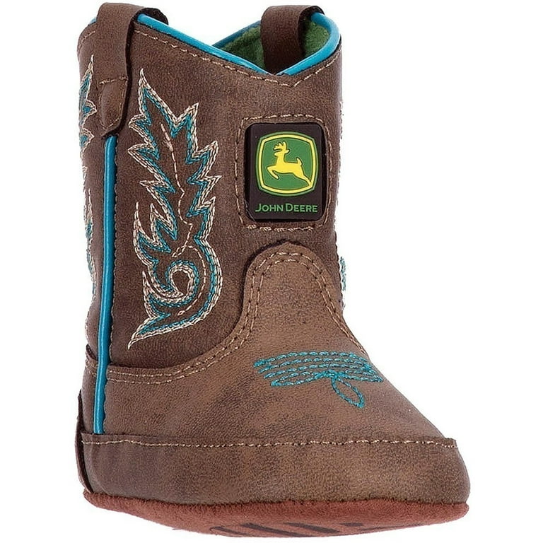 John Deere Boys Brown Turquoise Stitch Pull On Crib Boots