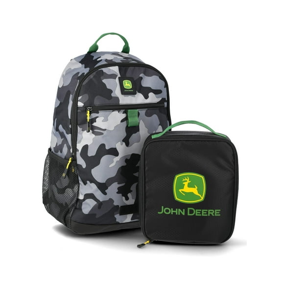 John Deere Boys' August 17" Laptop Backpack with Lunch Box, Black Camo