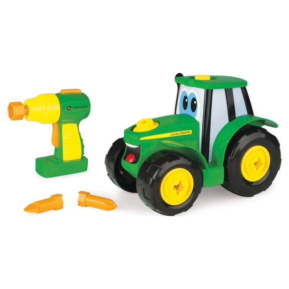 John Deere Build-A-Johnny Toy Tractor with Battery-Powered Pretend Drill, 16 Pieces