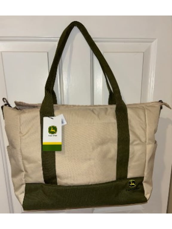 Canvas Tote Bag, Cream & Green, Zippered Top, Dual Shoulder Handles