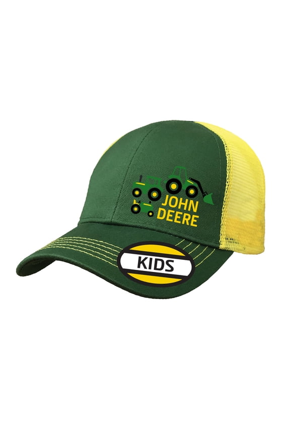 Embroidered 3 Tractors Kids Mesh Back Hat, Jd Green