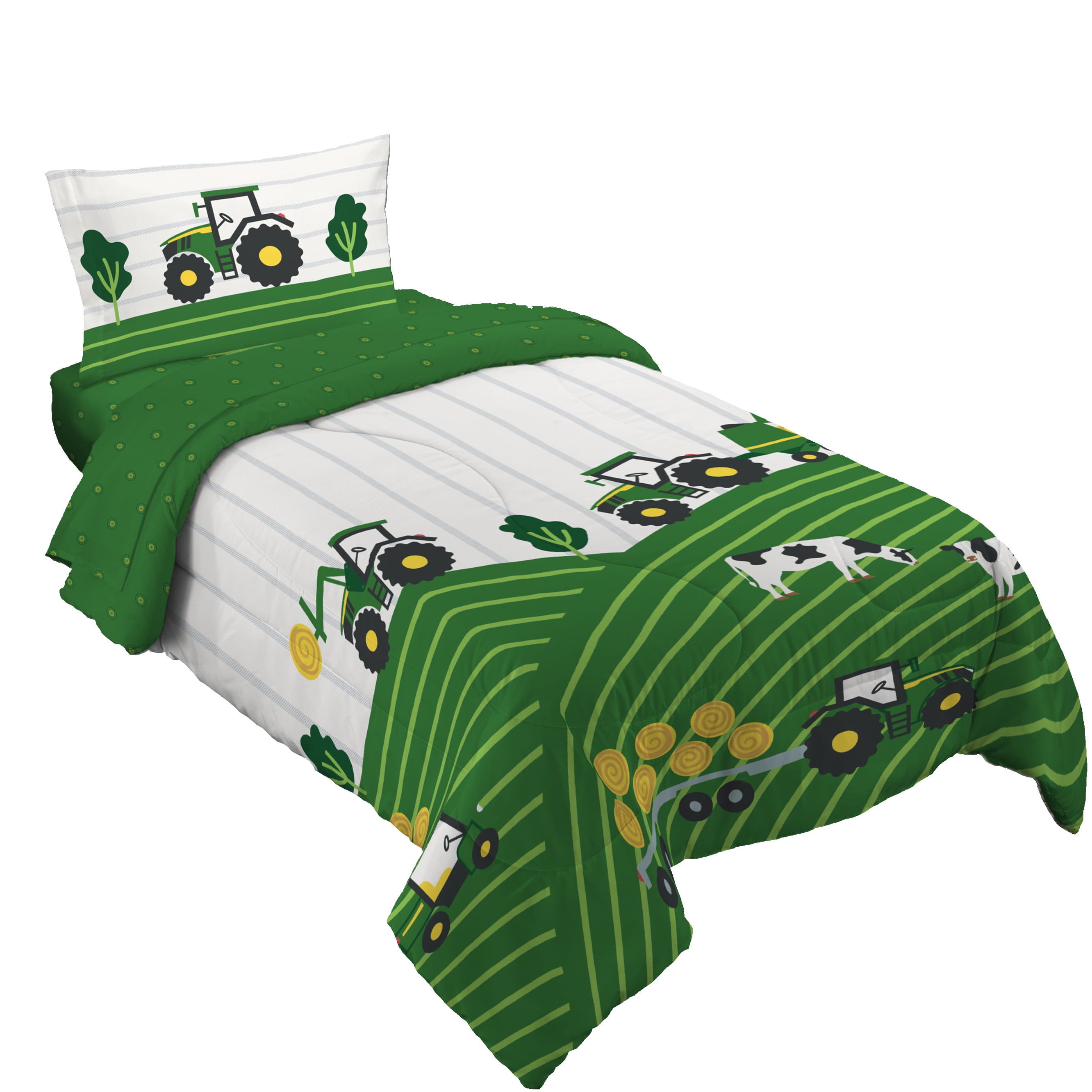 John Deere Kids 4 Piece Green White Reversible Comforter, Bed in a Bag, Twin