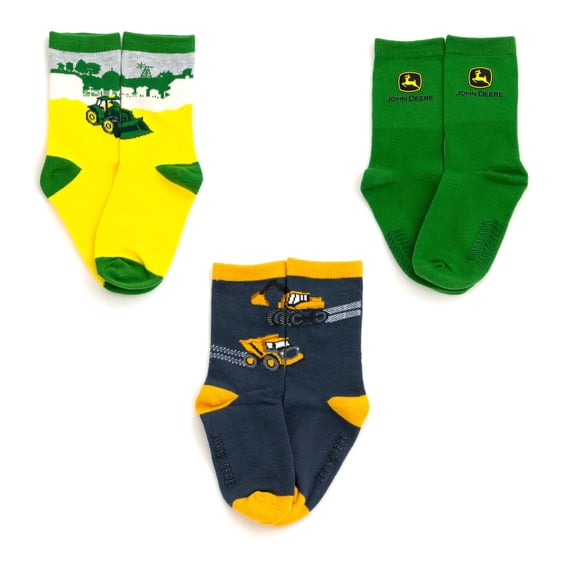 John Deere Little Boys' Non-Slip Grip Crew Socks Set Green Dark Gray Yellow