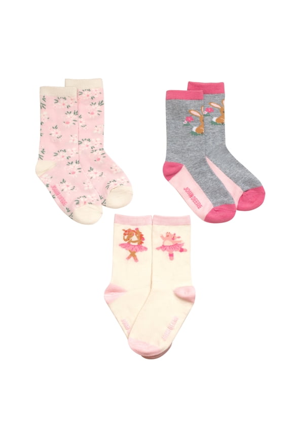 Little Girls' Non-Slip Grip Crew Socks Set Pink Cream Light Gray