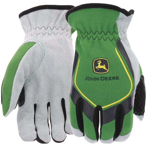John Deere Men's Split Cowhide Leather Palm Gloves, Cut Resistant, Keystone Thumb, Flexible Fit, Green/Black, Large (JD00035-L)