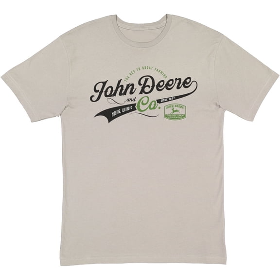 John Deere Mens Vintage Style Varsity The Key to Great Farming Short Sleeve Tshirt in Titanium Gray