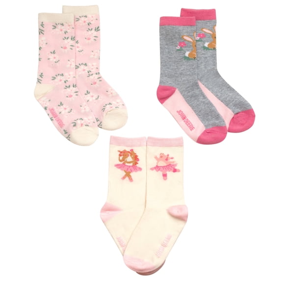 John Deere Toddler Girls' Non-Slip Grip Crew Socks Set Pink Cream Light Gray