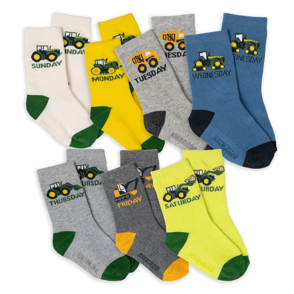 John Deere Toddler and Boys Crew Socks, 7-Pack Days of the Week