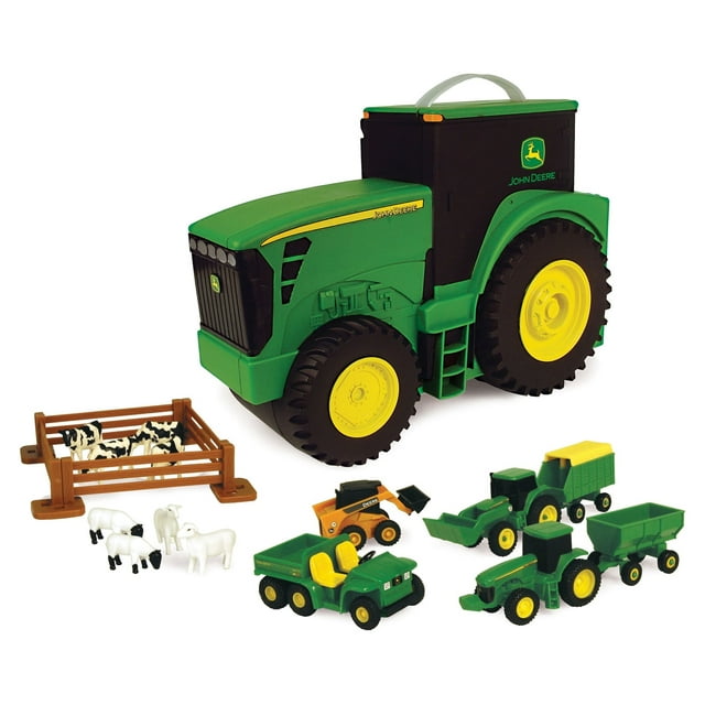 John Deere Tractor Toy Carry Case Value Farm Vehicle Playset, with Handle (18 Pieces)