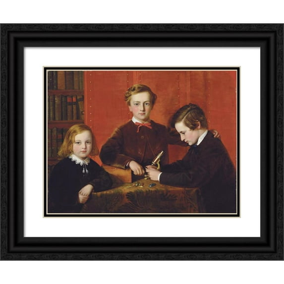 John Edgar Williams 18x15 Black Ornate Wood Framed Double Matted Museum Art Print Titled - The Young Microscopists (1867)