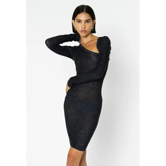John Elliott Women's Tubular Merino Asym Semi Sheer Long Sleeve Mini Dress (Medium/Large, Charcoal)