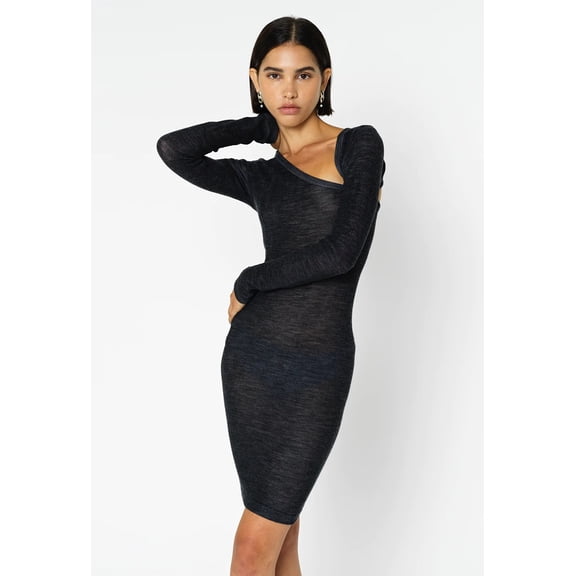 John Elliott Women's Tubular Merino Asym Semi Sheer Long Sleeve Mini Dress (X-Small/Small, Charcoal)
