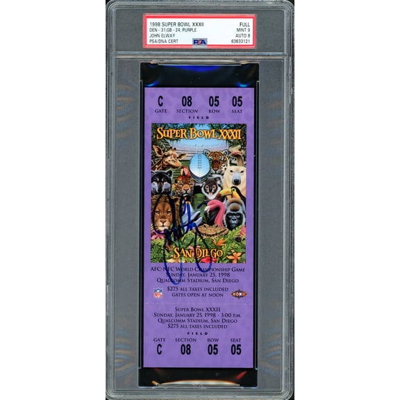 John Elway Autographed 1998 Super Bowl XXXII Ticket Denver Broncos PSA 9 Auto Grade Near Mint/Mint 8 PSA/DNA #63633121
