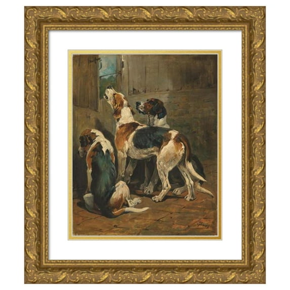John Emms 12x14 Gold Ornate Wood Frame and Double Matted Museum Art Print Titled - Foxhounds at a Kennel Door