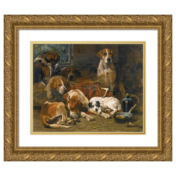 John Emms 14x12 Gold Ornate Wood Frame and Double Matted Museum Art Print Titled - New Forest Buckhounds and a Terrier in Their Lodges After the Hunt