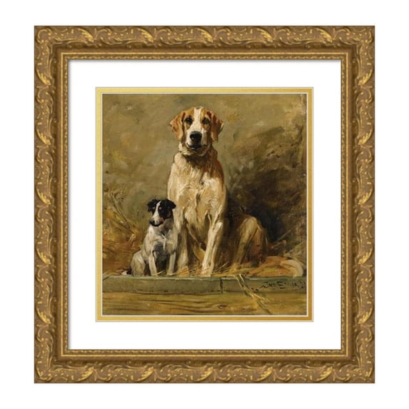 John Emms 20x22 Gold Ornate Framed and Double Matted Museum Art Print Titled - Hound and Terrier in a Kennel