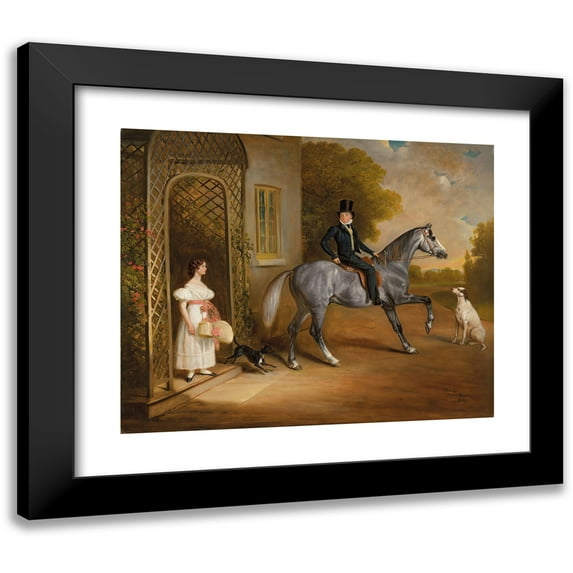 John Ferneley 14x12 Black Modern Framed Museum Art Print Titled - Master John Marriott on a Grey Horse, with His Sister Annis and Their Dogs Outside the Elms, Cropwell Butler (1832)