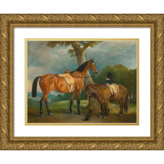 John Ferneley 18x15 Gold Ornate Wood Frame and Double Matted Museum Art Print Titled - Lady Thorold's Hunter and Shetland Pony with Groom