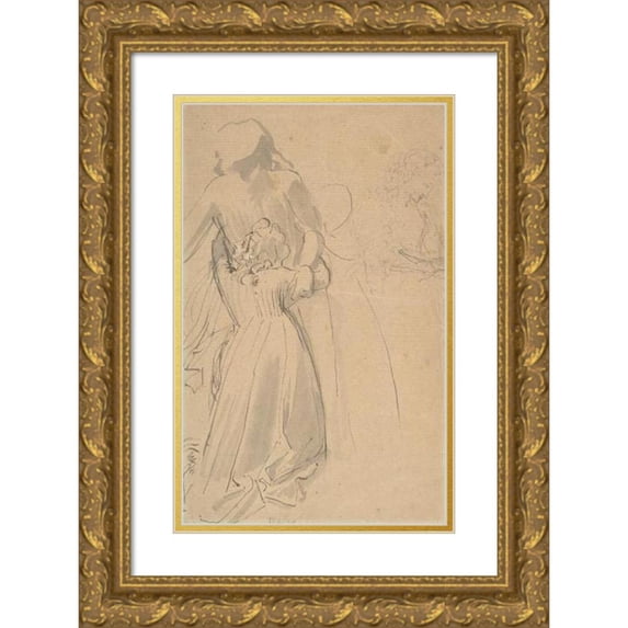 John Flaxman 16x24 Gold Ornate Framed and Double Matted Museum Art Print Titled - Sheet of Studies with Female Figure Kneeling and Embracing Standing Figure (1775-1826)