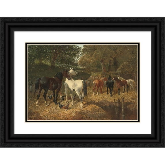 John Frederick Herring Jr. 18x14 Black Ornate Wood Framed Double Matted Museum Art Print Titled - Hens and Horses by a Stream