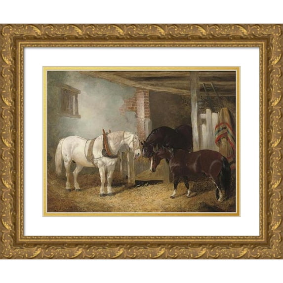John Frederick Herring Jr. 18x14 Gold Ornate Wood Frame and Double Matted Museum Art Print Titled - Three Horses in a Stable Feeding from a Manger (1849)
