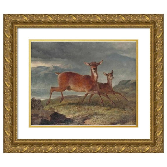 John Frederick Herring Snr. 14x12 Gold Ornate Wood Frame and Double Matted Museum Art Print Titled - Red Hind and Calf (1855)