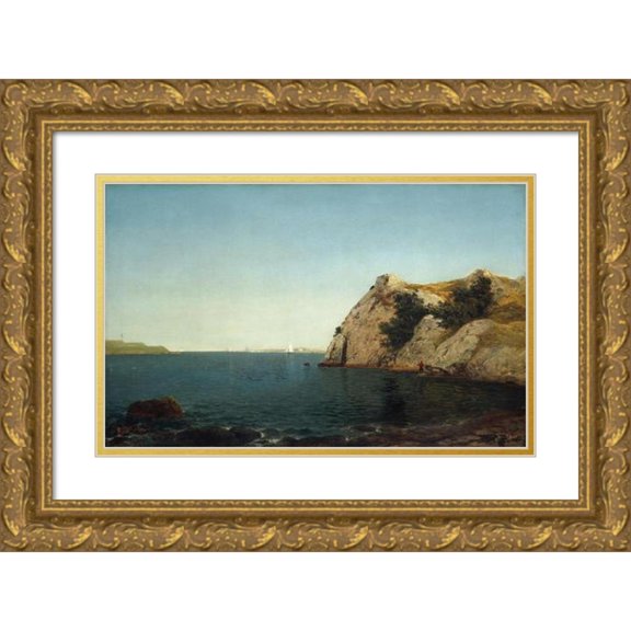 John Frederick Kensett 24x16 Gold Ornate Framed and Double Matted Museum Art Print Titled - Beacon Rock, Newport Harbor (1857)