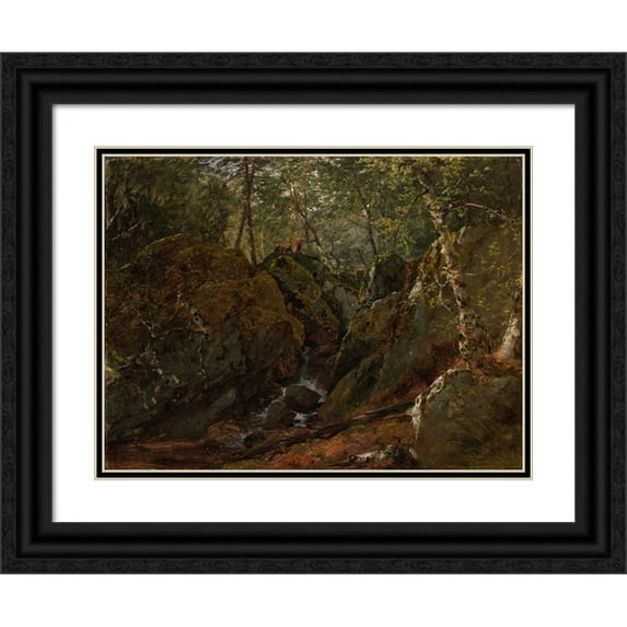 John Frederick Kensett 24x19 Black Ornate Framed Double Matted Museum Art Print Titled: Catskill Waterfall (1859)