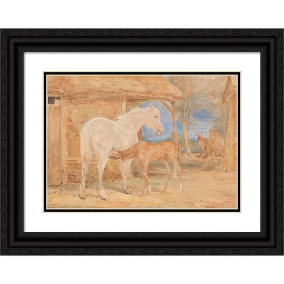 John Frederick Lewis 18x14 Black Ornate Wood Framed Double Matted Museum Art Print Titled - Gray Mare and a Chestnut Foal (1846)