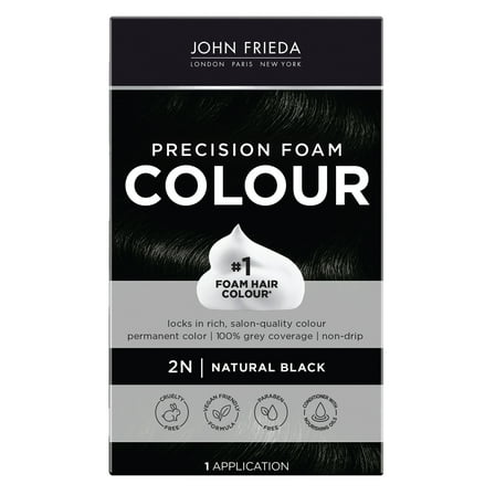 John Frieda Black Permanent Precision Hair Dye Color Foam Kit, 2N Natural Black, 1 Application