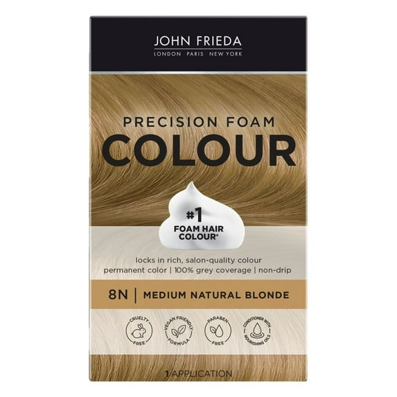 John Frieda Blonde Permanent Precision Hair color Foam Hair Color Kit, Blonde Hair Dye,8N Neutral Medium Blonde Hair Color, 1 Application