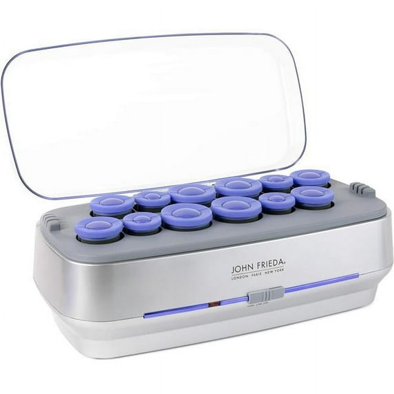 John Frieda Body & Shine Smooth Waves Professional Multi-Sized Jumbo Ceramic Titanium Hot Hair Rollers, 12 Piece Set, Ionic, Blue