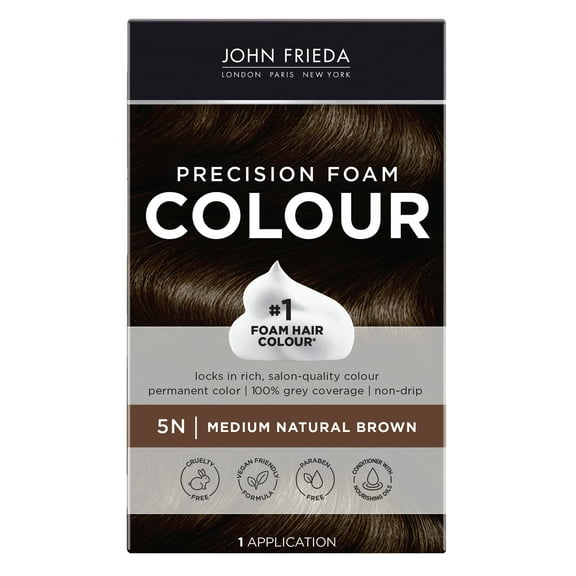 John Frieda Brown Permanent Precision Foam Hair Dye Color Kit, 5N Medium Natural Brown, 1 Application