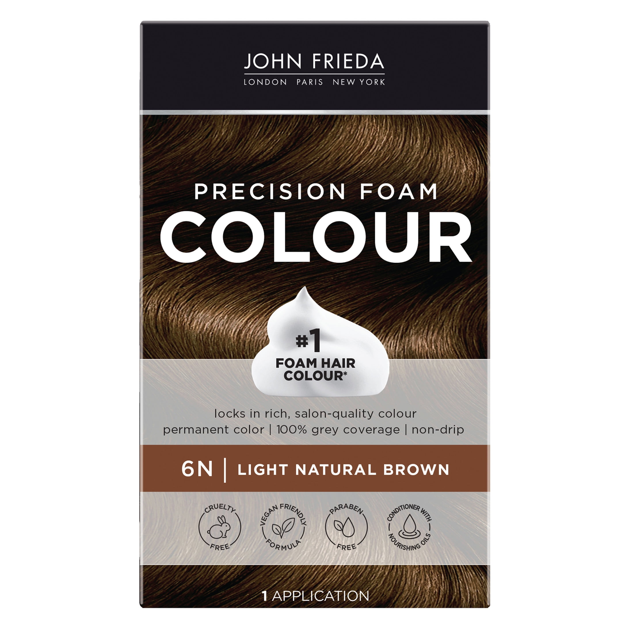 John Frieda Precision Foam Brown Permanent Hair Dye Color Kit, 6N Light Natural Brown, 1 Application
