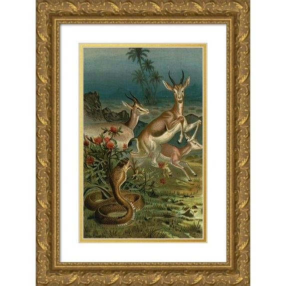 John George Wood 13x18 Gold Ornate Wood Frame and Double Matted Museum Art Print Titled - African Cobra, or Haje, and Gazelles. (1898)