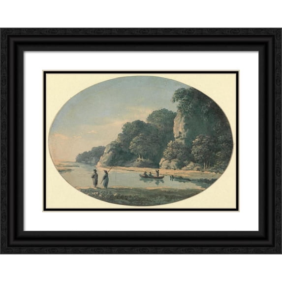 John Glover 18x14 Black Ornate Wood Framed Double Matted Museum Art Print Titled - River with Fishermen (1792)