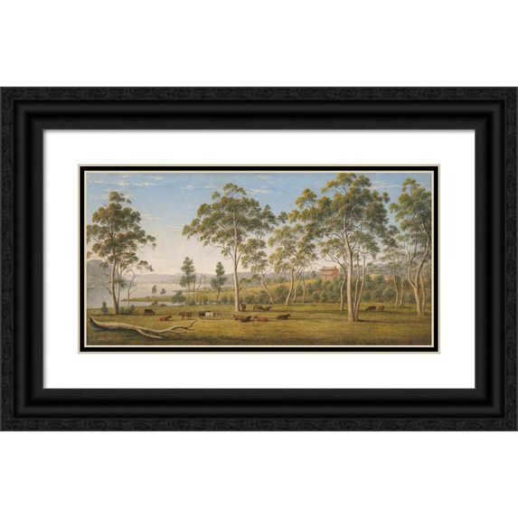 John Glover 24x14 Black Ornate Framed Double Matted Museum Art Print Titled: Mr Robinson's House on the Derwent, Van Diemen's Land
