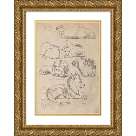 John Haberle 18x24 Gold Ornate Framed and Double Matted Museum Art Print Titled - Studies Of Lions (1886)