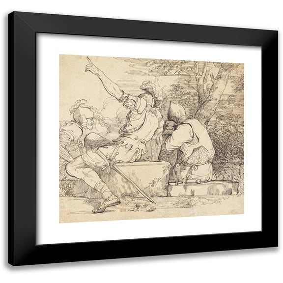John Hamilton Mortimer 13x12 Black Modern Framed Museum Art Print Titled - Three Soldiers in Armour Sitting on Stone Blocks