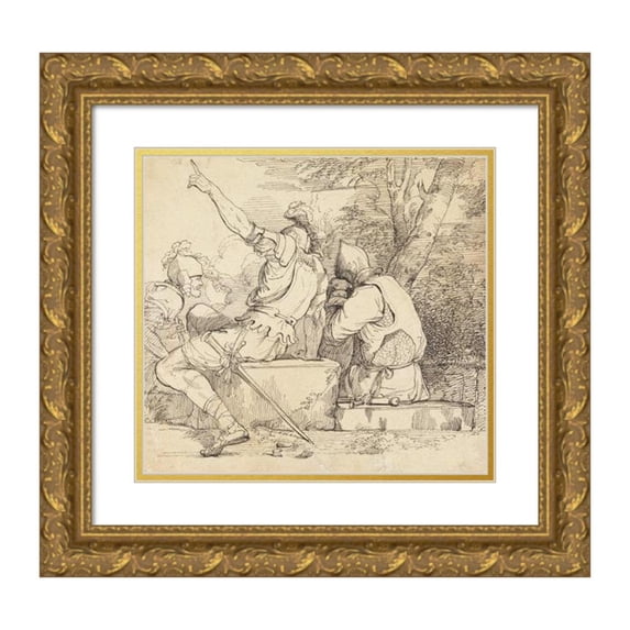 John Hamilton Mortimer 13x12 Gold Ornate Wood Frame and Double Matted Museum Art Print Titled - Three Soldiers in Armour Sitting on Stone Blocks