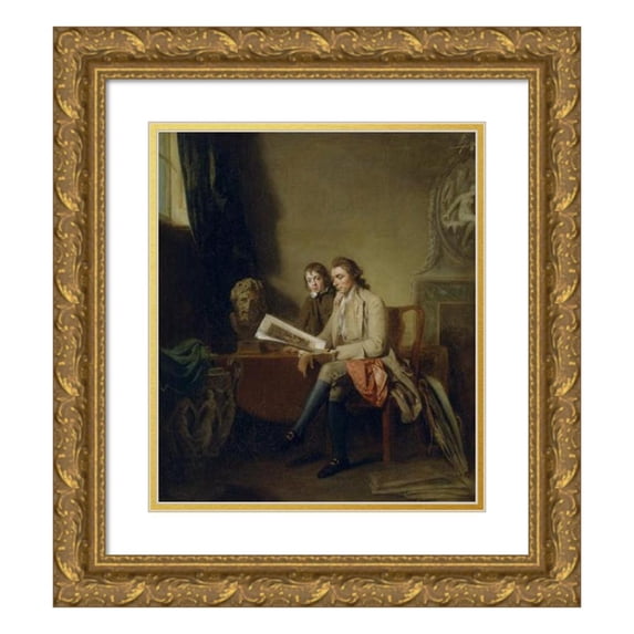John Hamilton Mortimer 20x23 Gold Ornate Framed and Double Matted Museum Art Print Titled - Portrait of a Man and a Boy Looking at Prints (1765 and 1770)