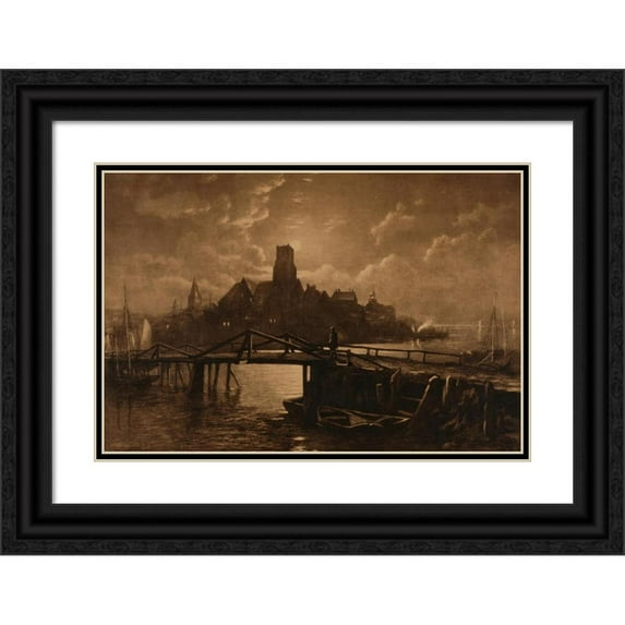 John Henry Hill 24x17 Black Ornate Framed Double Matted Museum Art Print Titled: The Bridge-Longfellows Bridge (1887)