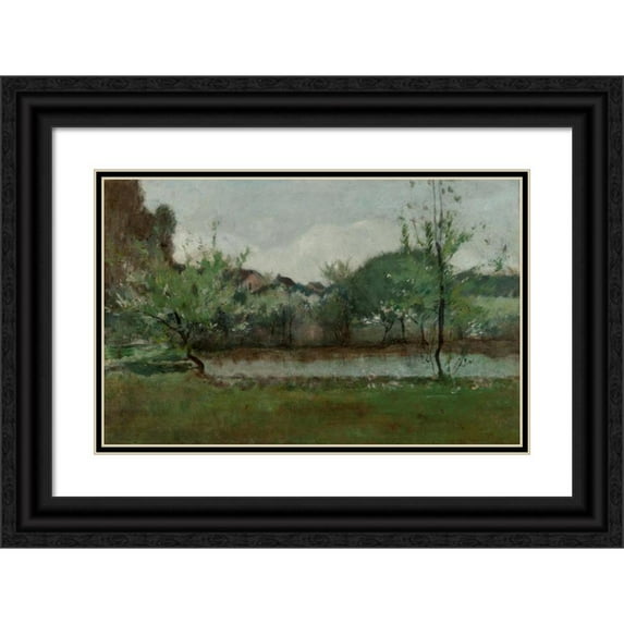 John Henry Twachtman 18x13 Black Ornate Wood Framed Double Matted Museum Art Print Titled - Landscape with Cottages (circa 1883)